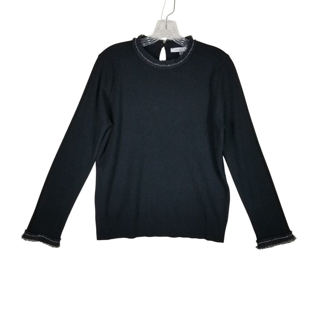 Siani Milano Sweater Women Medium Black Ruffle Tulle Bead Trim Pullover